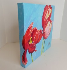 Original Painting on Canvass Tulip Flowers Red & Aqua by M. Ritchie 12″ x 12″