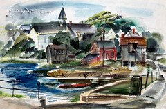 Original 1940s Alexandra Bradshaw Hoag New England Harbor Church Watercolor