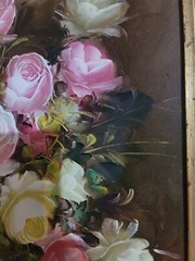 Oil Painting Pink And White Roses Green Vase Gold Frame SIGNED. 24 X 25