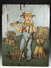 Fine Americana Folk Art Primitives Pennsylvania Farmer Boy Painting on Wood
