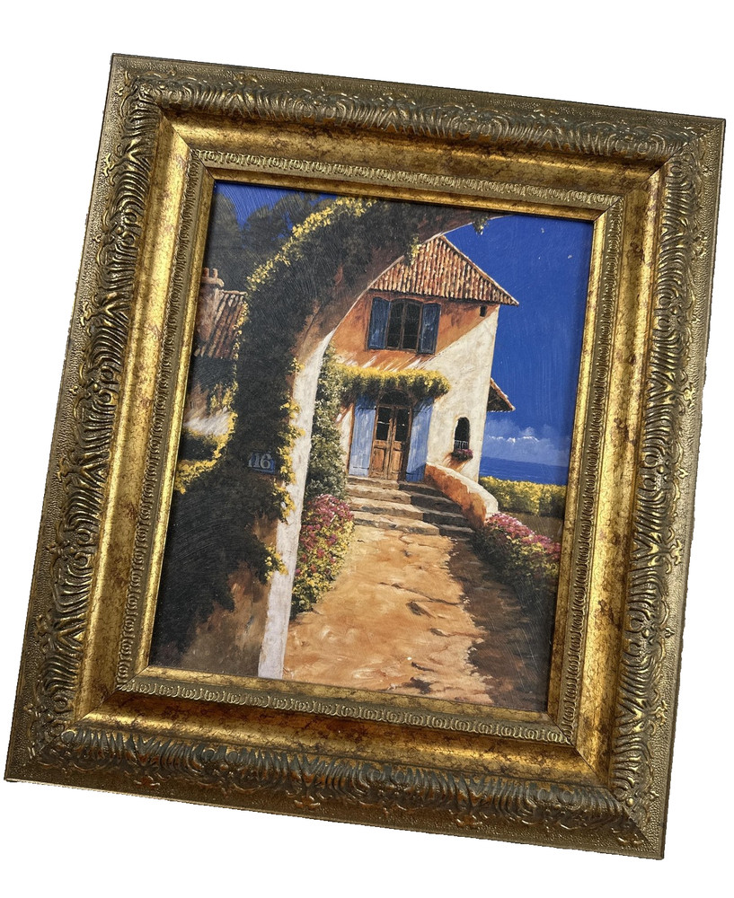 Mediterranean Villa Landscape Painting Framed Ornate Gold Gilt Frame Unsigned