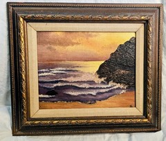 Vintage Original Art Oil Painting Beach Sunset Ocean Signed In Vintage Frame