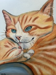 Original oil painting 11 x 14 inches orange tabby cat snuggling baby kitten