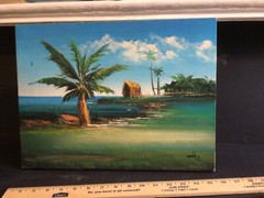 Vintage Original Tropical Island Seascape Painting Signed