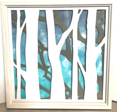 Three Dimensional Framed Watercolor Blues I Birch Tree Wall Art Decor 15″ X 15″