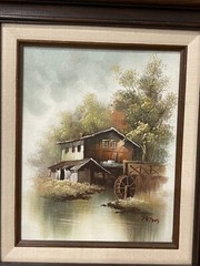 Vintage Signed Peters Oil on Canvas Painting Country Home w/ Water Wheel