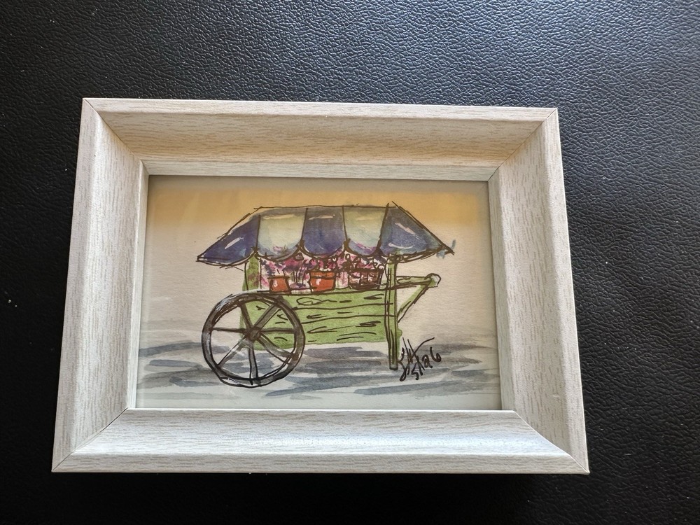 Mini “Flower Cart ” Original Watercolor (Farm Stand Collection ) White Frame