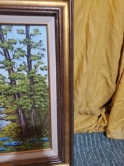 Original oil painting Vibrant!!! Blue Flowers Pond Forest Landscape SIGNED
