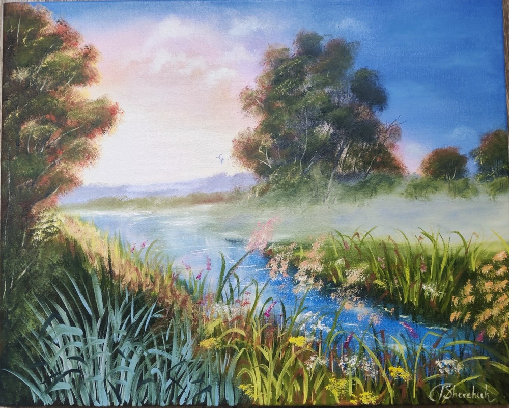 Original Oil Painting River Landscape Flowers Hand Painted Art Wall Art 20x16in