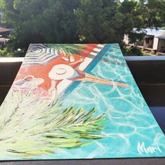 Girl Painting Tropical Palm Original Wall Art Poolside Swim Figurative Summer