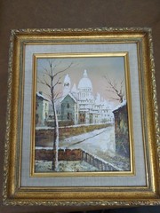 Vintage Oil Painting Of Snowy European Street With Ornate Gold Frame