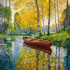 new handmade Painting on 16″*16″ canvas Boat in water reflection by Wendy