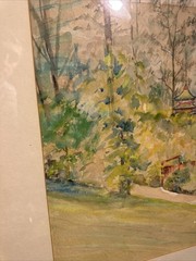 Vintage Japanese Garden Watercolor Painting Framed 25×20 Asian Landscape Art