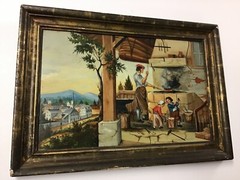 Antique Folk Art Oil/Wood Panel Blacksmith With Town in Background