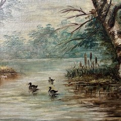 Antique 1800s Landscape Oil Painting DUCKS on POND Hudson River School Signed