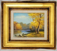 LANDSCAPE PAINTING river through trees canvas art in wood frame SIGNED by artist