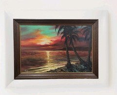 Dark Moody Pacific Sunset, Large Oil Painting Hawaiian Seascape c.1965