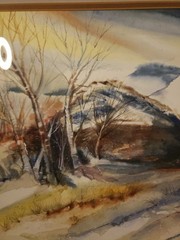 Original Lori Fischman (1927-2017) „Snowy Hills“ Watercolor, Framed, Berks Co PA