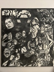 Dark gothic canvas painting, hand painted, black and white, acrylic art 