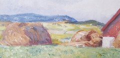 1930 year oil painting artwork with frame picture painting oil painting field village
