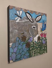 Large Folk Art Donkey Desert Cactus Flower Bird Scene Primitive OOAK