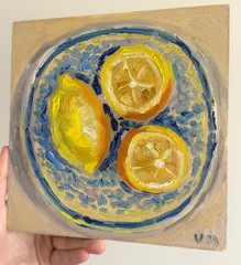 Lemons Original Oil Painting Still Life Vintage Plate Wall Art Decor Signed