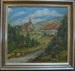 Church Chapel Oil Painting Landscape Frame Antique Hitel Inn Signed