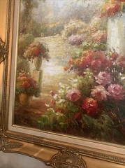 Beautiful European garden scene oil on canvas Framed￼ 27 1/2 “wide￼ 31 1/4 Tall