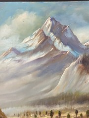 Burl Chalmers Oil on Board Snow Peak Mountain River Landscape Painting Signed