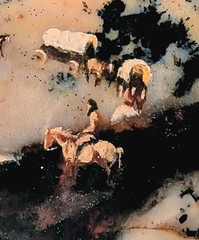 Vtg Painting Wagon Train on Dendritic Agate Frontier Western Pioneer D Lanham A+