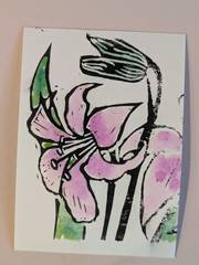 aceo original art, Print, linocut, watercolor ,floral, lily block print