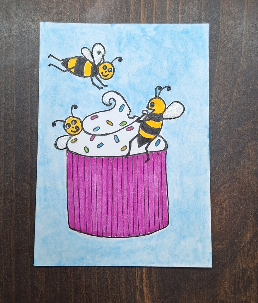 ACEO Original Honey Bees Cartoon Watercolor Painting by Sandrajean Smith