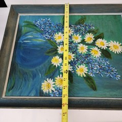 Framed MCM Art Wild Flowers Daisies in Blue Vase Acrylic on Canvas 20.5 x 16.5