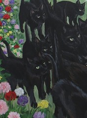 Original painting on 18×24 In. canvas featuring black cats in a flower garden