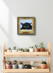 ORIGINAL Oil Painting Black cat Animals Pet Miniature Contemporary Wall art