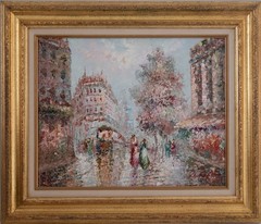 Romantic French Street Scene – Signed Impressionist Oil Painting 23×27 Framed