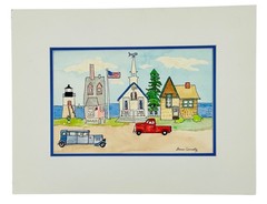 Hand-Painted Coastal American Town Scene Watercolor Art By Sharon Connolly 15” x