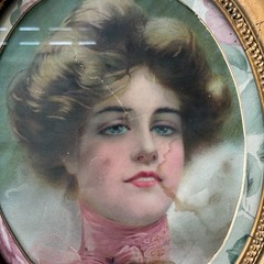 Antique Victorian Oval Woman Portrait Print Ornate Frame Gold Painted Wood Litho