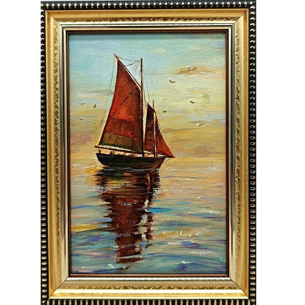 Sailboat Sunset Original Oil Painting 6×4 Framed Signed Sea Landscape Yacht Art