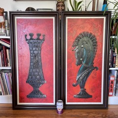 VTG MCM 2 Piece 3D Oil Paintings Chess Pieces Spanish Revival 40×20 Mid Century