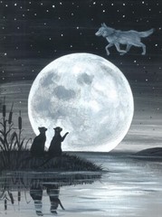 18×24 Print of painting RYTA Wolf Moon black cat Halloween pagan Celtic folk art