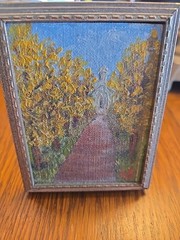 Vintage Miniature Oil Painting Depicting A Tree Lined Road To A Church