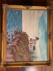 🌊 Vintage Oil Painting Coastal Cliff House Lighthouse Gold Gilt Frame 🏛️
