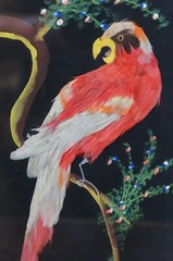 Mid Century Mexican Mixed Media Feather Folk Art Parrot Cockatoo Painting 15″