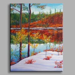 Original painting acrylic early winter lake hills autumn snow trees GeeBeeArt