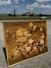 Lee Reynolds Signed Canvas Oriental Dogwood Bonsai Tree Blossom Mid Century
