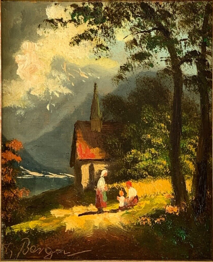 Heinrich Berger Munich Miniature Painting Oil on Wood Panel Chapel in the Mountains