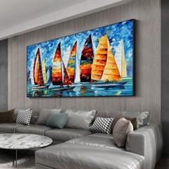 Sailboat Oil Painting Handmade Canvas Colorful Harbor Painting Nautical