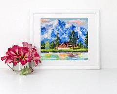 Original Painting Lake Tahoe California Pine Tree Mountain Landscape 7 x 8″
