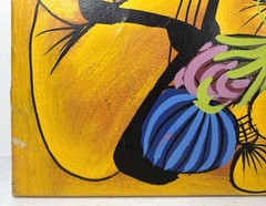 Vintage Signed JEAN Haitian Market Folk Art 23×19 Oil Painting on Cloth Canvas